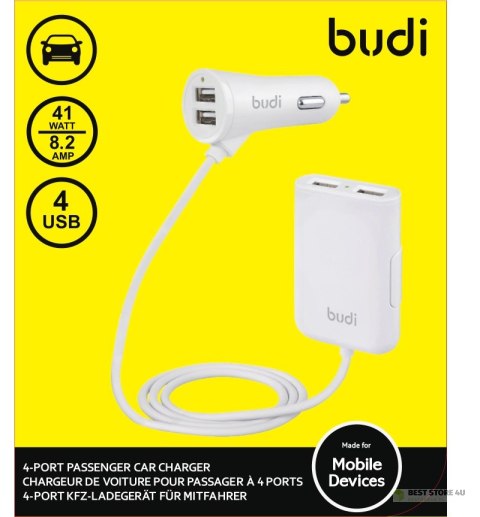 Budi - Ładowarka samochodowa 4x USB, 41W + rozdzielacz na kablu 1,8m (Biały) Budi - Ładowarka samochodowa 4x USB, 41W + rozdzielacz na kablu 1,8m (Biały)