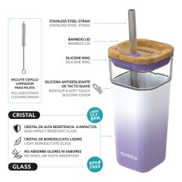 Quokka Liquid Cube - Kubek szklany 540 ml ze słomką ze stali nierdzewnej (Lilac Gradient)