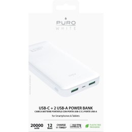 PURO White Fast Charger Power Bank - Power bank dla smartfonów i tabletów 20000 mAh, 2xUSB-A + 1xUSB-C (biały)