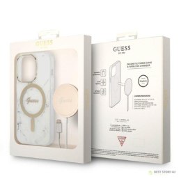 Guess Bundle Pack MagSafe IML Marble - Zestaw etui + ładowarka MagSafe iPhone 14 Pro (biały/złoty)