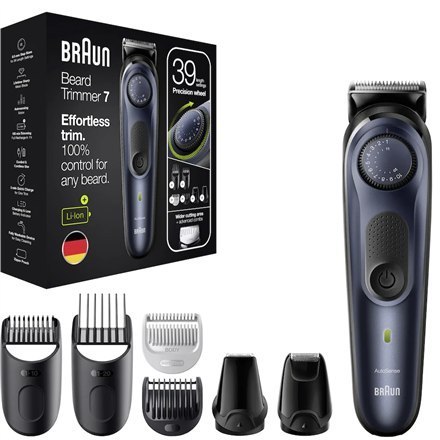 Braun Beard Trimmer BT7330 Cordless and corded, Operating time (max) 100 min, Number of length steps 39, Li-Ion, Black/Blue