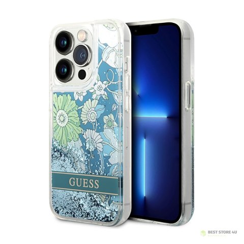 Guess Liquid Glitter Flower - Etui iPhone 14 Pro (zielony)