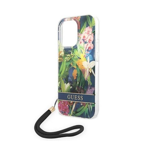 Guess Flower Cord - Etui ze smyczką iPhone 14 Pro Max (niebieski)