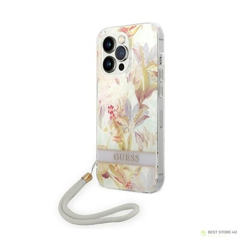 Guess Flower Cord - Etui ze smyczką iPhone 14 Pro (fioletowy)