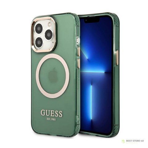 Guess Gold Outline Translucent MagSafe - Etui iPhone 13 Pro Max (zielony)