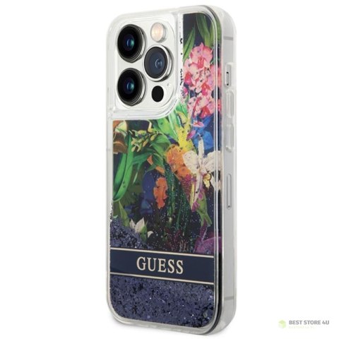 Guess Liquid Glitter Flower - Etui iPhone 14 Pro Max (niebieski) Guess Liquid Glitter Flower - Etui iPhone 14 Pro Max (niebieski)