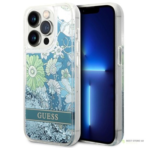 Guess Liquid Glitter Flower - Etui iPhone 14 Pro Max (zielony)