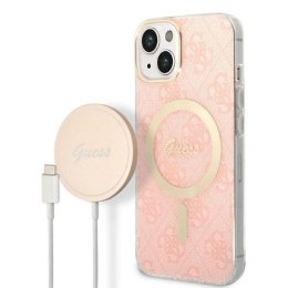 Guess Bundle Pack MagSafe 4G - Zestaw etui + ładowarka MagSafe iPhone 14 Plus (różowy/złoty)