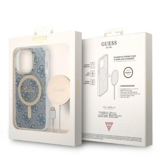 Guess Bundle Pack MagSafe 4G - Zestaw etui + ładowarka MagSafe iPhone 14 Pro Max (niebieski/złoty)
