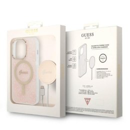Guess Bundle Pack MagSafe 4G - Zestaw etui + ładowarka MagSafe iPhone 14 Pro (różowy/złoty)