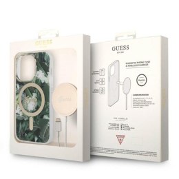 Guess Bundle Pack MagSafe IML Jungle - Zestaw etui + ładowarka MagSafe iPhone 14 Pro Max (khaki/złoty)