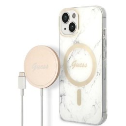 Guess Bundle Pack MagSafe IML Marble - Zestaw etui + ładowarka MagSafe iPhone 14 Plus (biały/złoty)