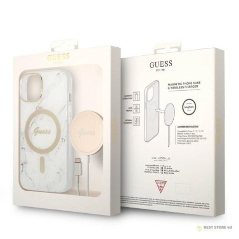 Guess Bundle Pack MagSafe IML Marble - Zestaw etui + ładowarka MagSafe iPhone 14 Plus (biały/złoty) Guess Bundle Pack MagSafe IML Marble - Zestaw etui + ładowarka MagSafe iPhone 14 Plus (biały/złoty)