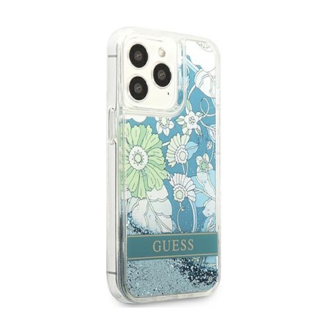 Guess Liquid Glitter Flower - Etui iPhone 13 Pro Max (niebieski/zielony)