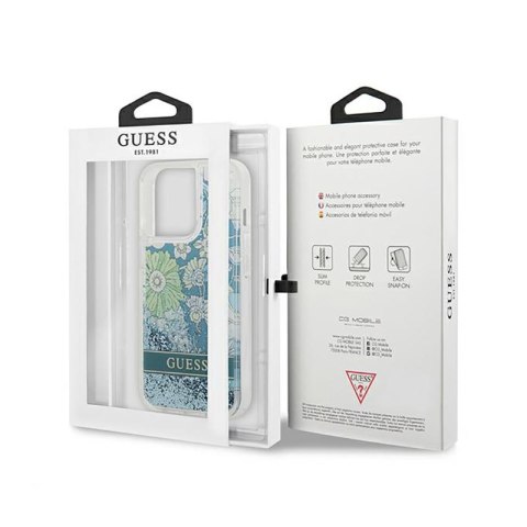 Guess Liquid Glitter Flower - Etui iPhone 13 Pro Max (niebieski/zielony)