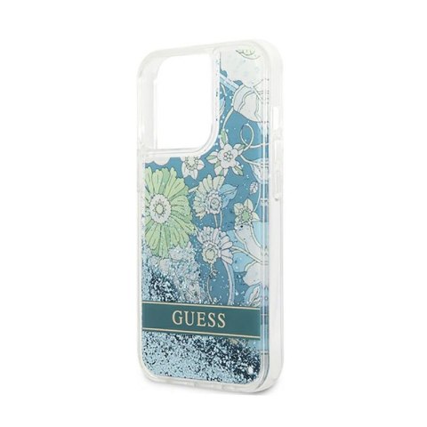 Guess Liquid Glitter Flower - Etui iPhone 13 Pro (niebieski/zielony)