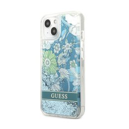 Guess Liquid Glitter Flower - Etui iPhone 13 mini (niebieski/zielony)