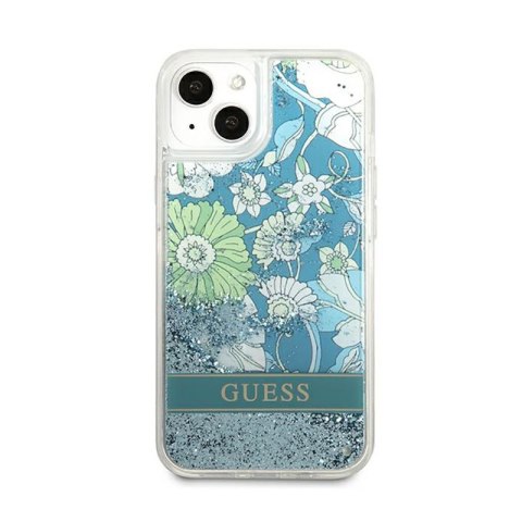 Guess Liquid Glitter Flower - Etui iPhone 13 mini (niebieski/zielony)