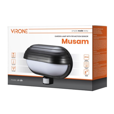 MUSAM, oprawa ogrodowa z czujnikiem ruchu 180°, 1x60W, E27, IP44, z przesłoną, plastik, czarna