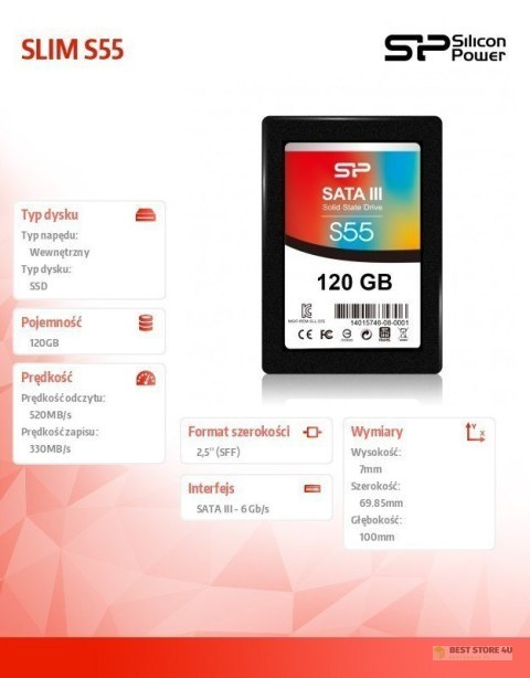 Silicon Power Slim S55 120 GB, interfejs SSD SATA, prędkość zapisu 420 MB/s, prędkość odczytu 550 MB/s Silicon Power Slim S55 120 GB, interfejs SSD SATA, prędkość zapisu 420 MB/s, prędkość odczytu 550 MB/s